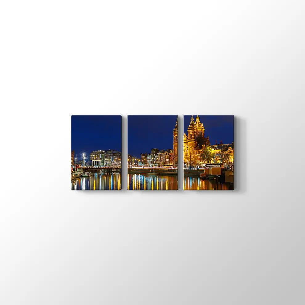 Amsterdam Gece Şehir Manzarası Kanvas Tablo