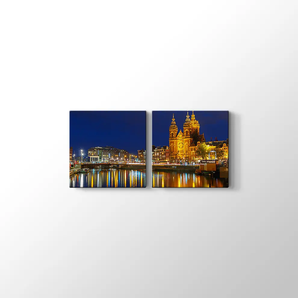 Amsterdam Gece Şehir Manzarası Kanvas Tablo