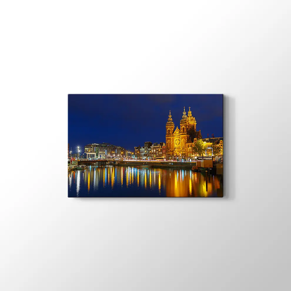 Amsterdam Gece Şehir Manzarası Kanvas Tablo