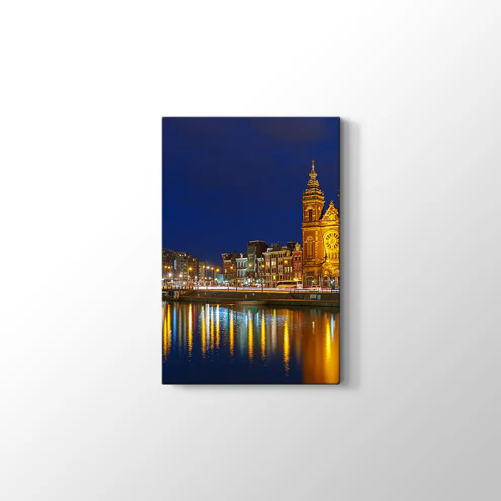 Amsterdam Gece Şehir Manzarası Kanvas Tablo