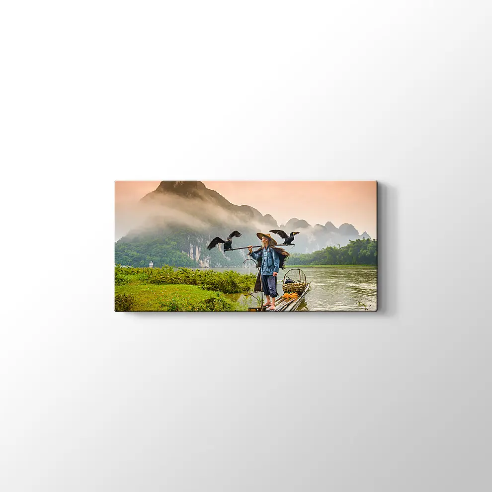 Çin Li Nehri Karabatak Balıkçısı Kanvas Tablo