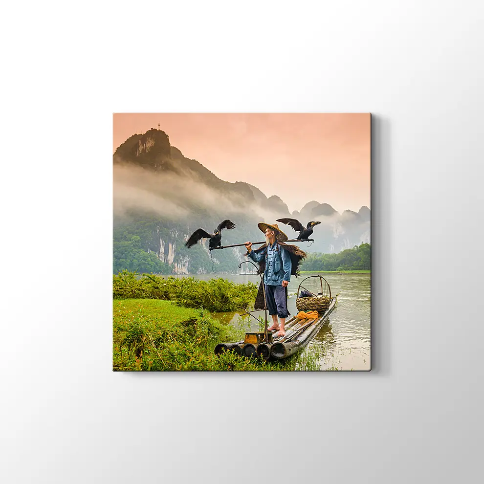 Çin Li Nehri Karabatak Balıkçısı Kanvas Tablo