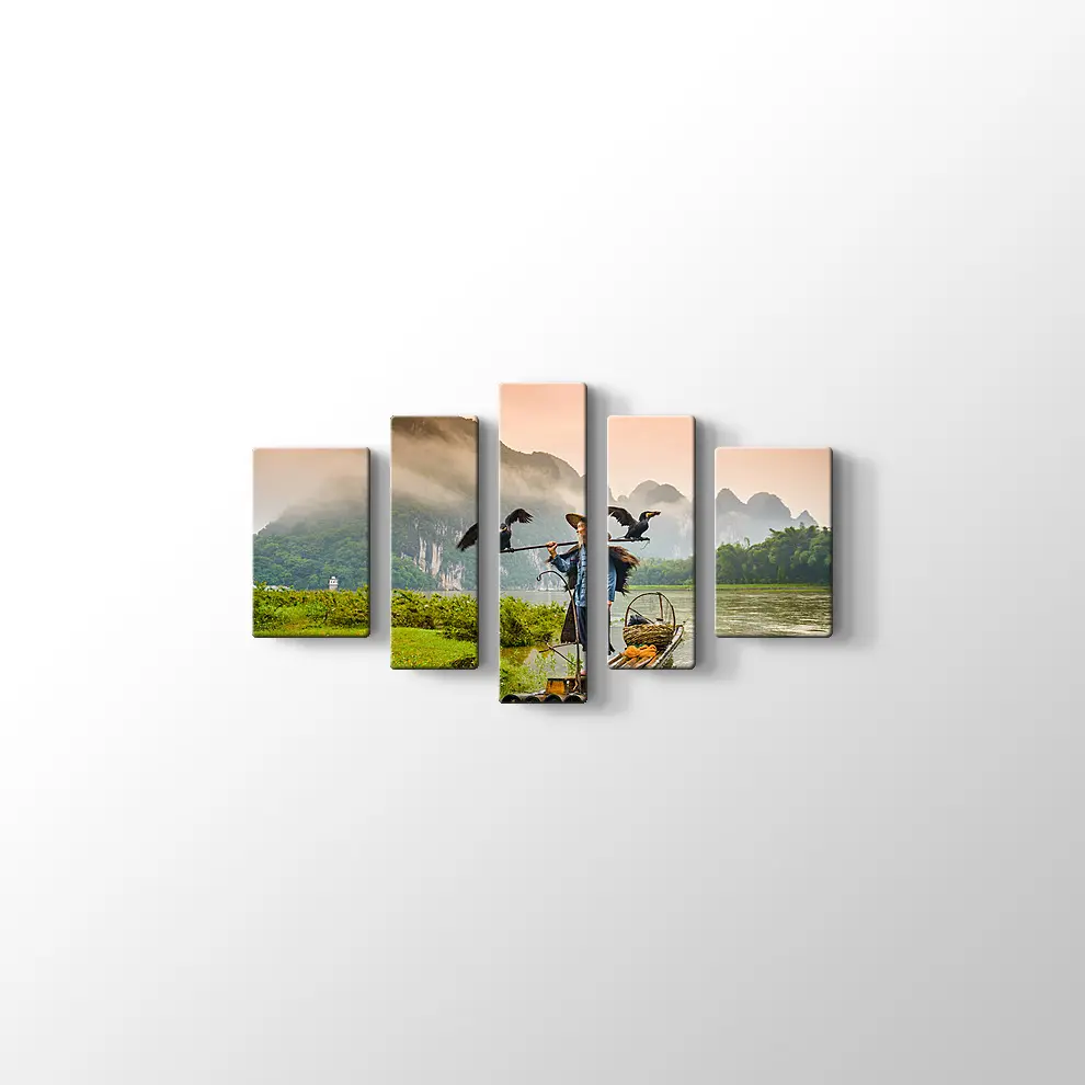 Çin Li Nehri Karabatak Balıkçısı Kanvas Tablo