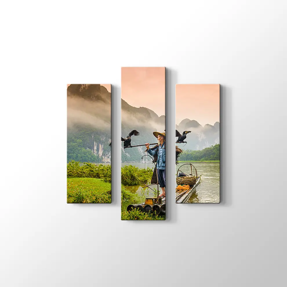 Çin Li Nehri Karabatak Balıkçısı Kanvas Tablo