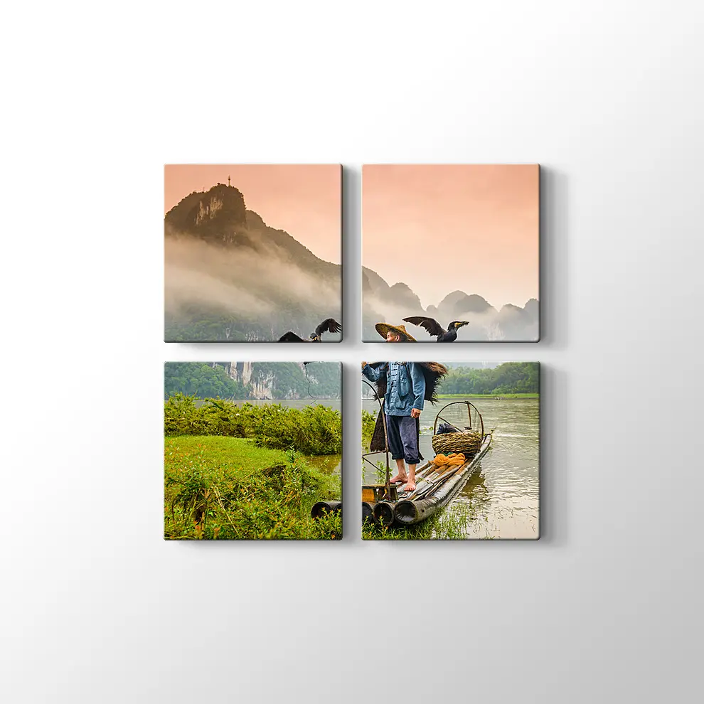 Çin Li Nehri Karabatak Balıkçısı Kanvas Tablo