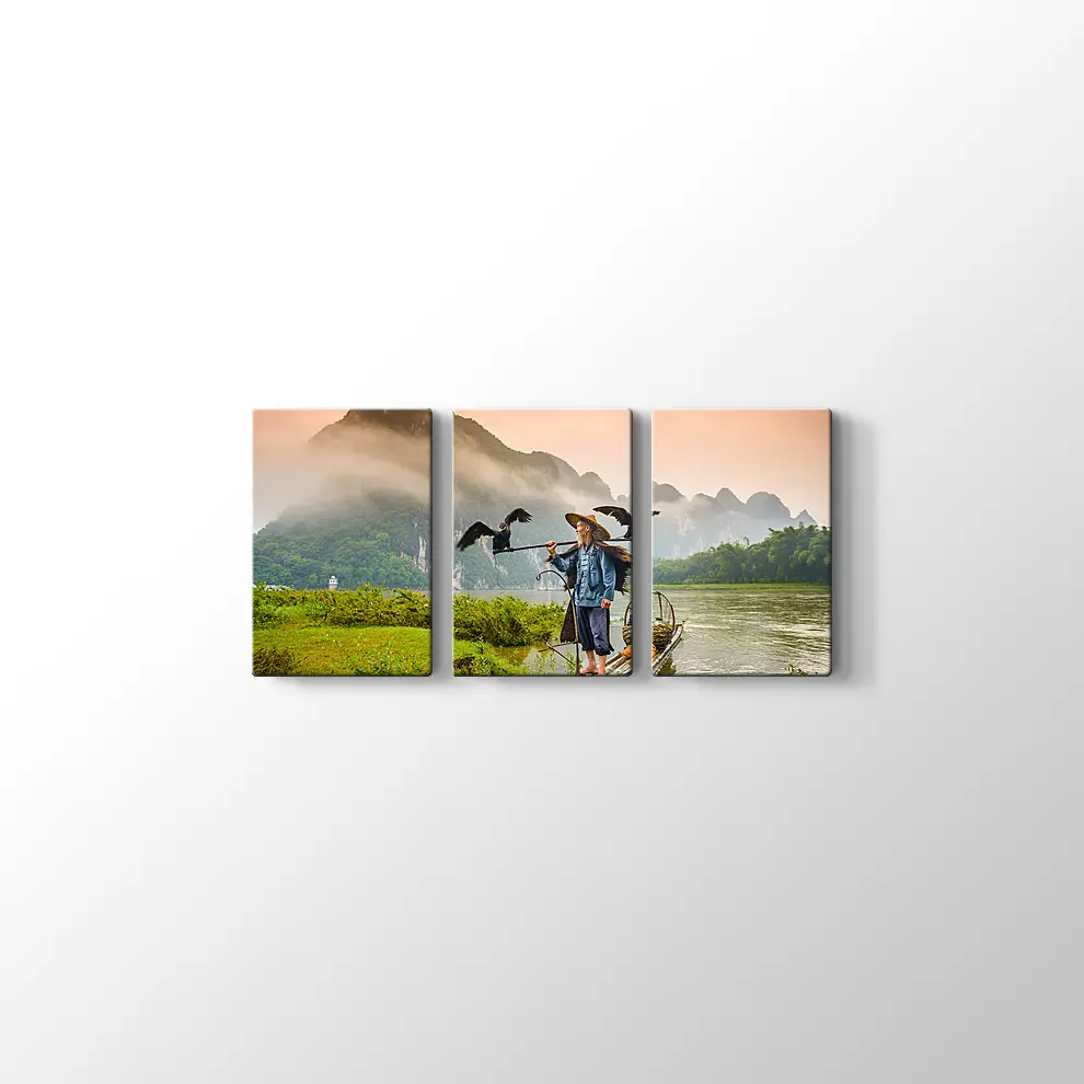 Çin Li Nehri Karabatak Balıkçısı Kanvas Tablo