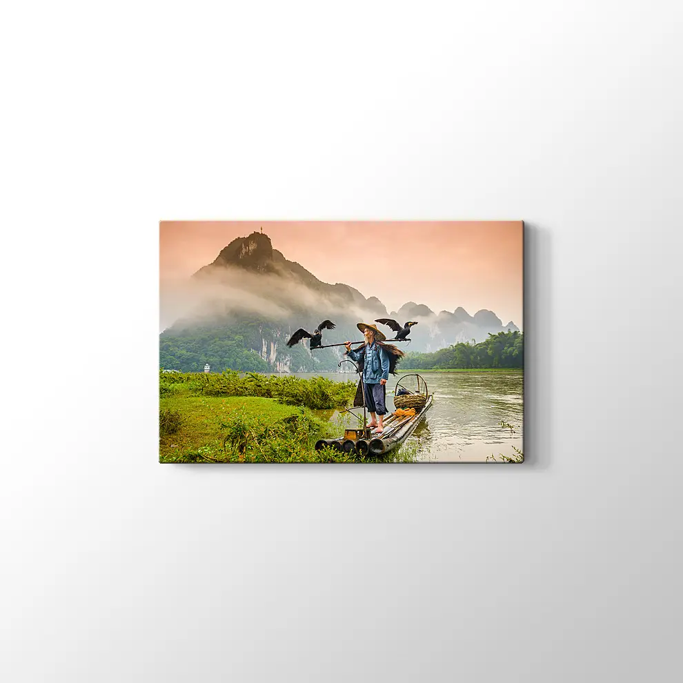 Çin Li Nehri Karabatak Balıkçısı Kanvas Tablo