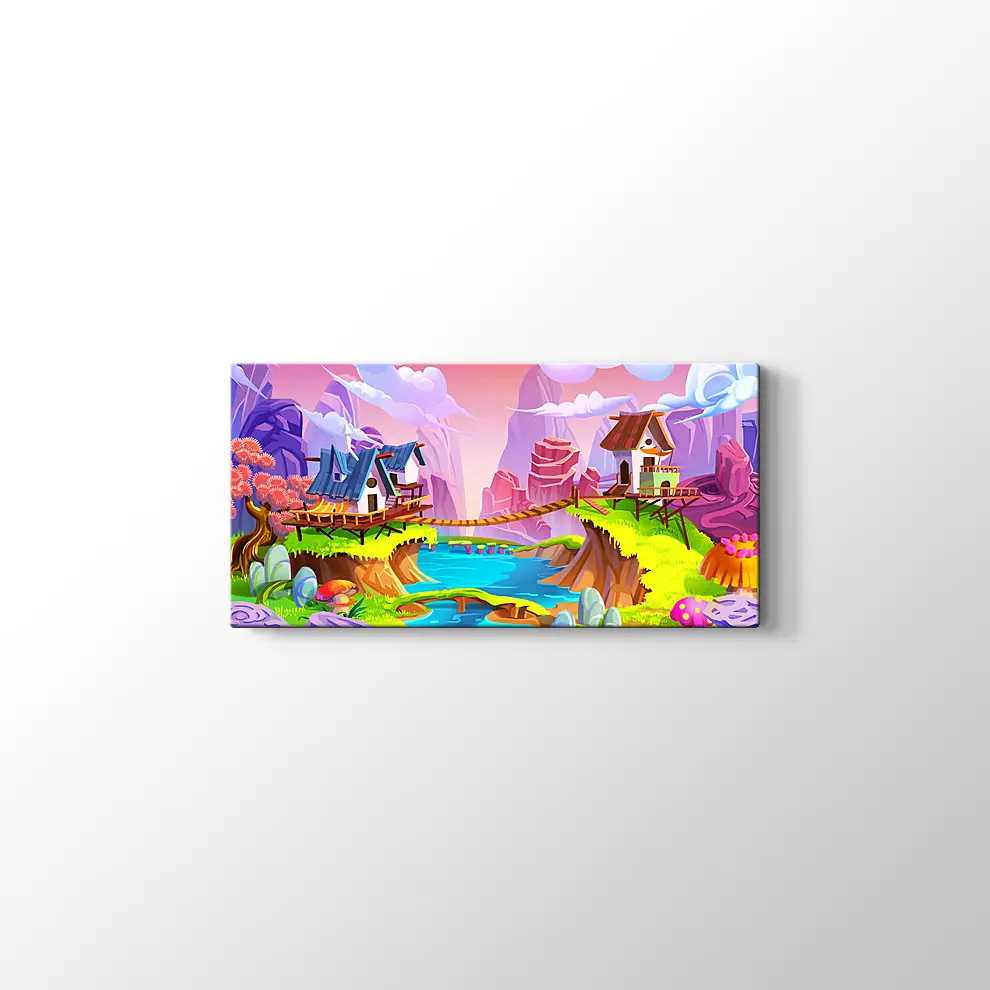 Çizgi Film Stili Neşeli Köy Kanvas Tablo