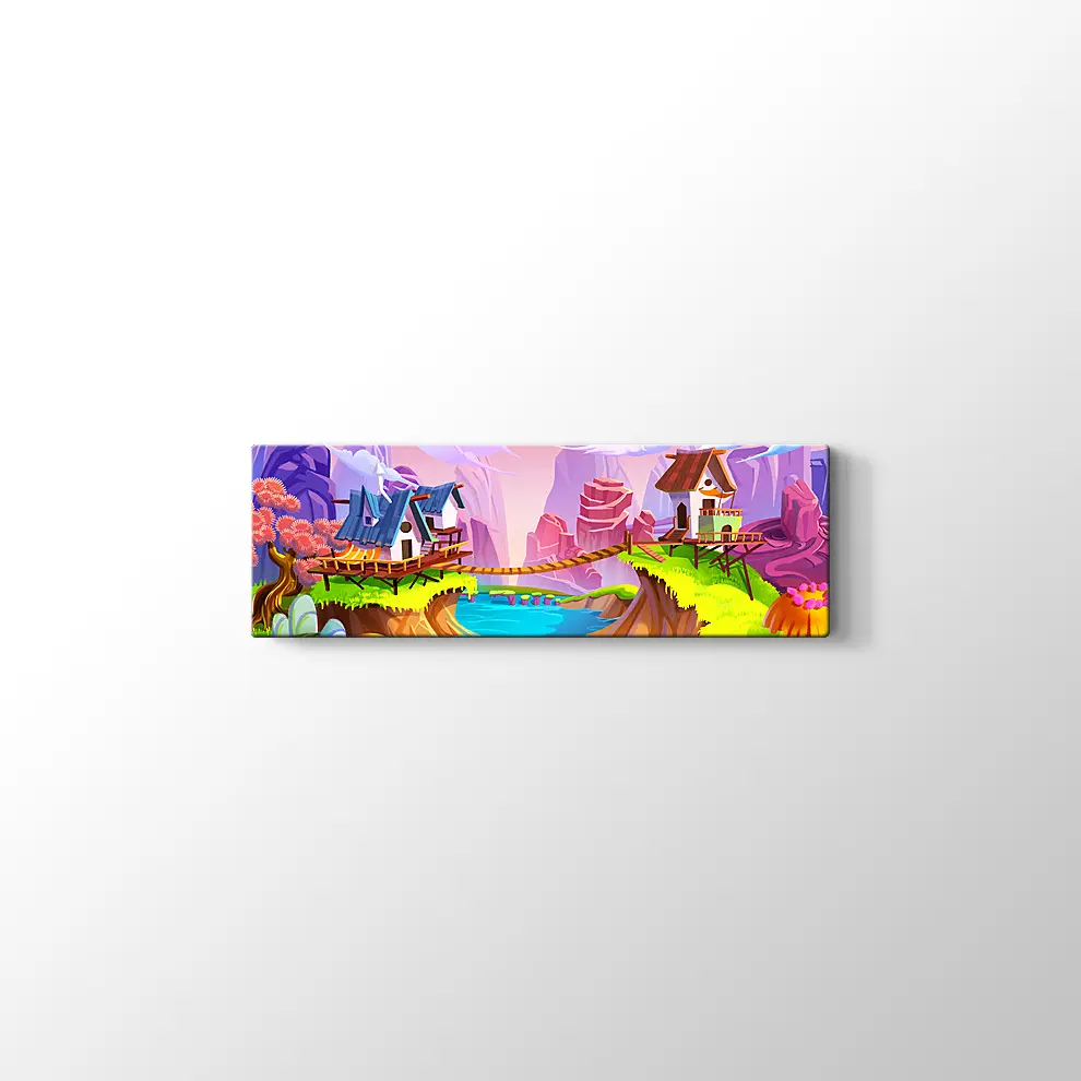 Çizgi Film Stili Neşeli Köy Kanvas Tablo