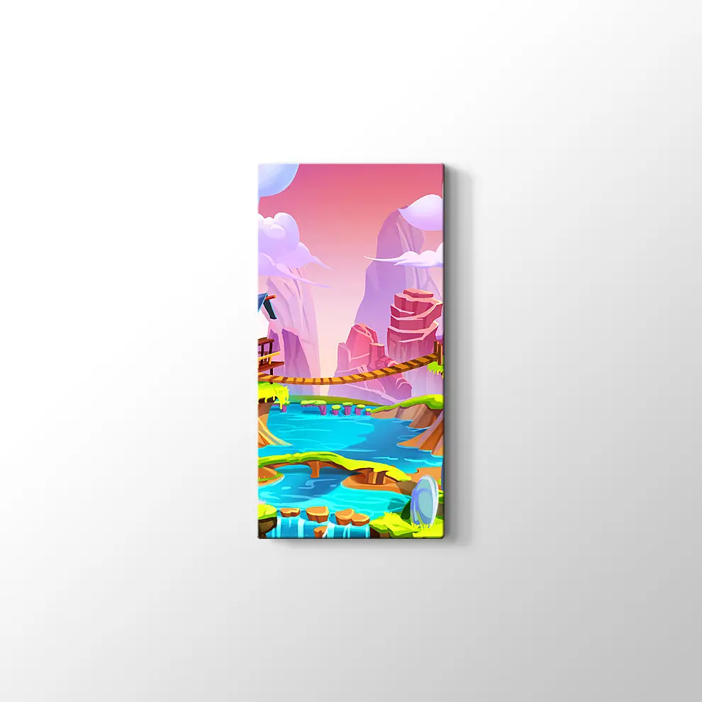 Çizgi Film Stili Neşeli Köy Kanvas Tablo