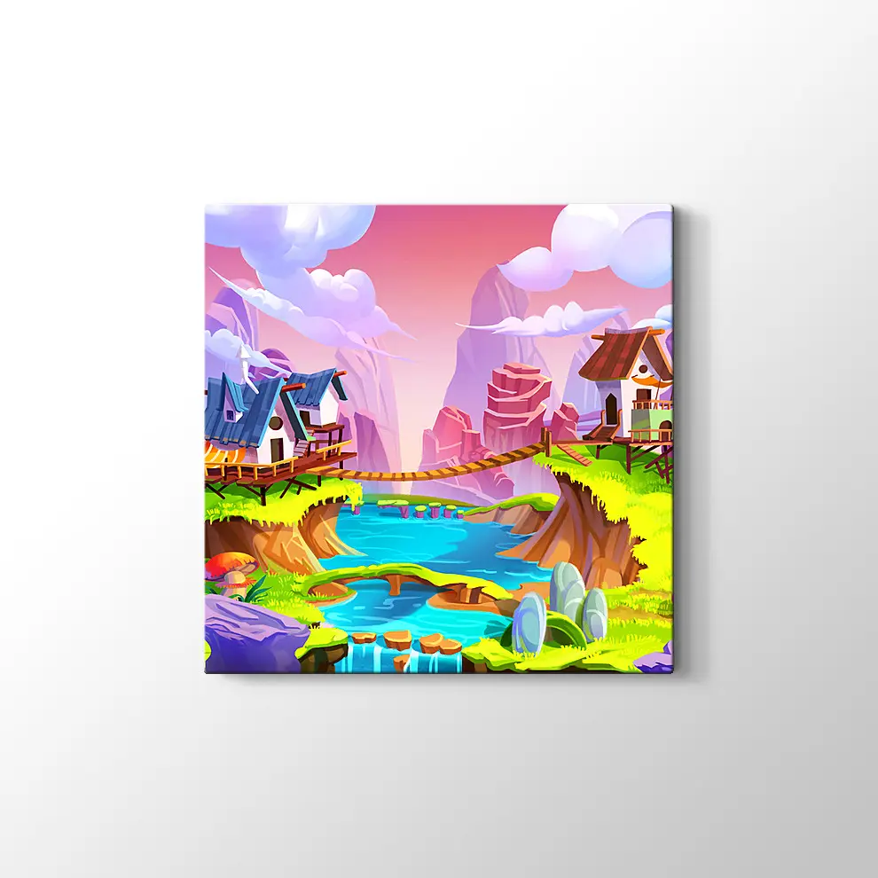 Çizgi Film Stili Neşeli Köy Kanvas Tablo