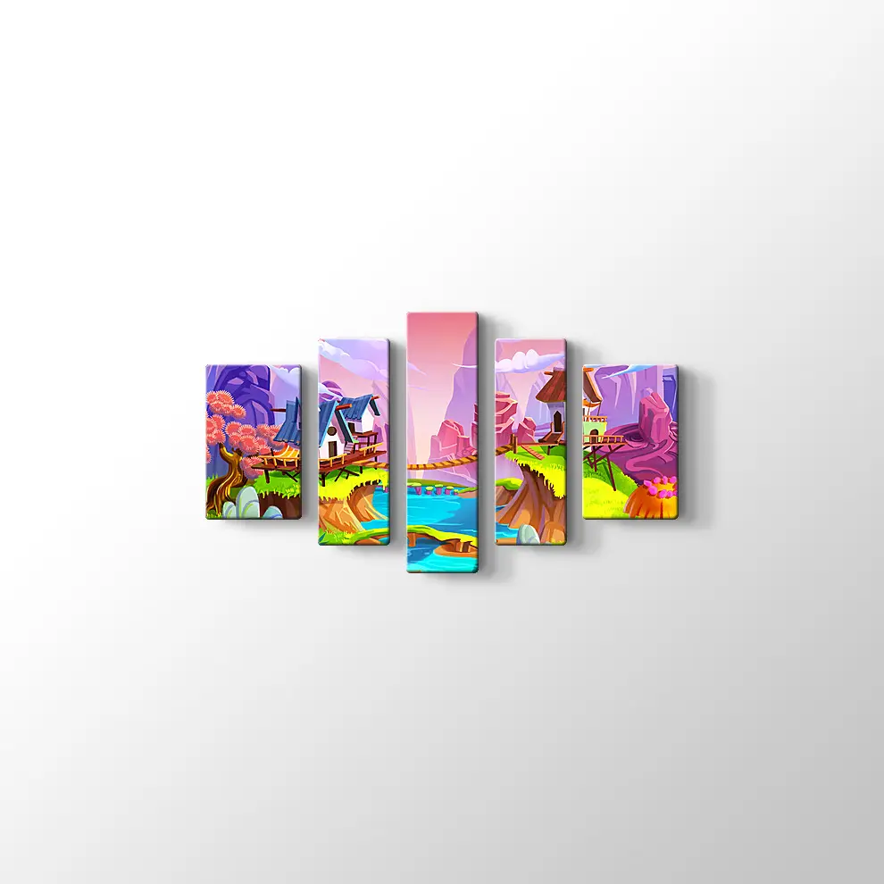 Çizgi Film Stili Neşeli Köy Kanvas Tablo