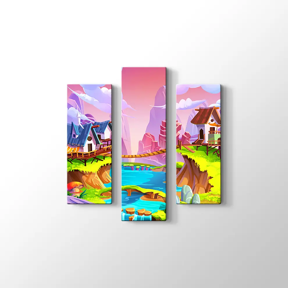 Çizgi Film Stili Neşeli Köy Kanvas Tablo