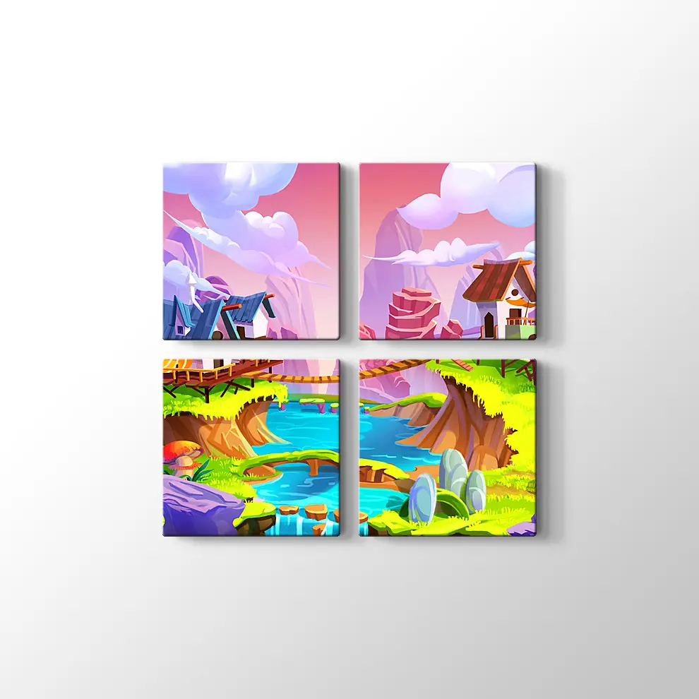 Çizgi Film Stili Neşeli Köy Kanvas Tablo