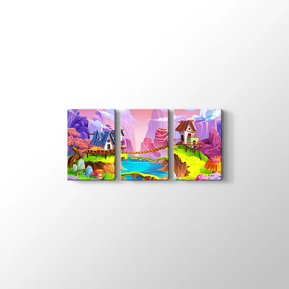 Çizgi Film Stili Neşeli Köy Kanvas Tablo