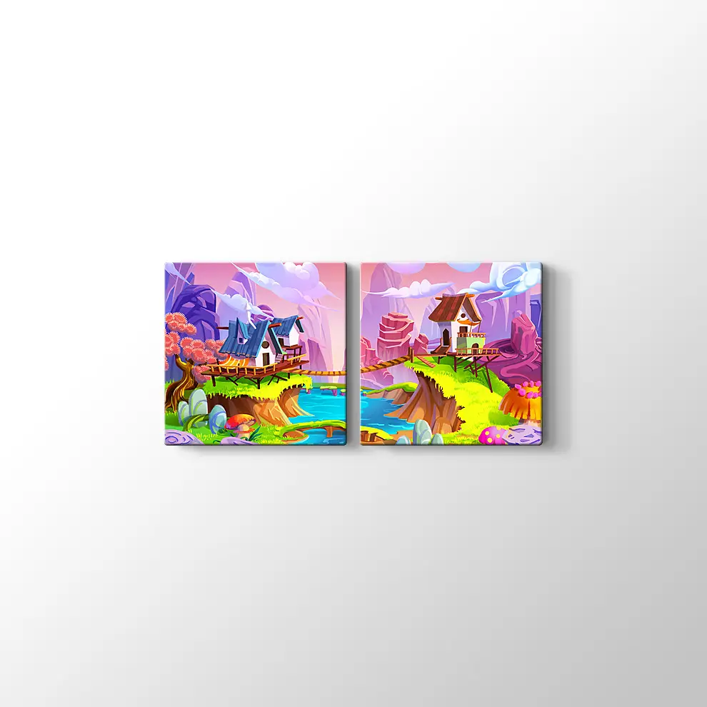Çizgi Film Stili Neşeli Köy Kanvas Tablo