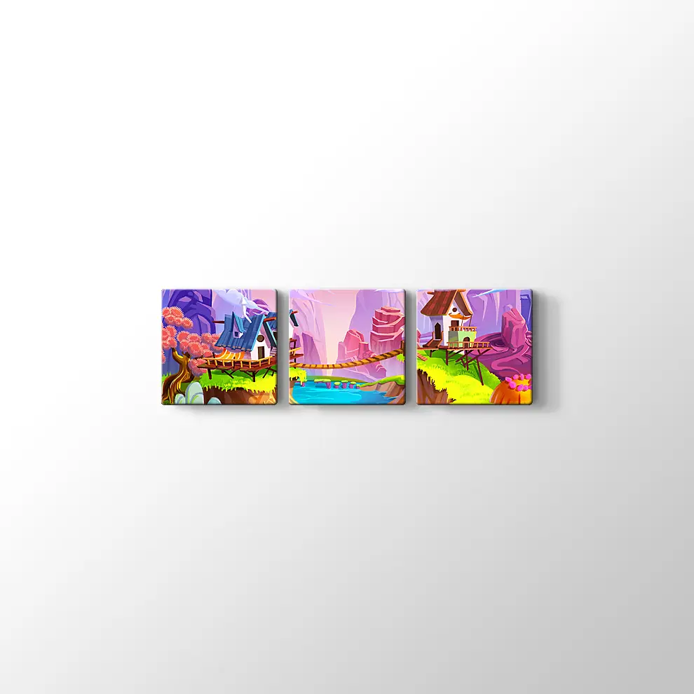 Çizgi Film Stili Neşeli Köy Kanvas Tablo