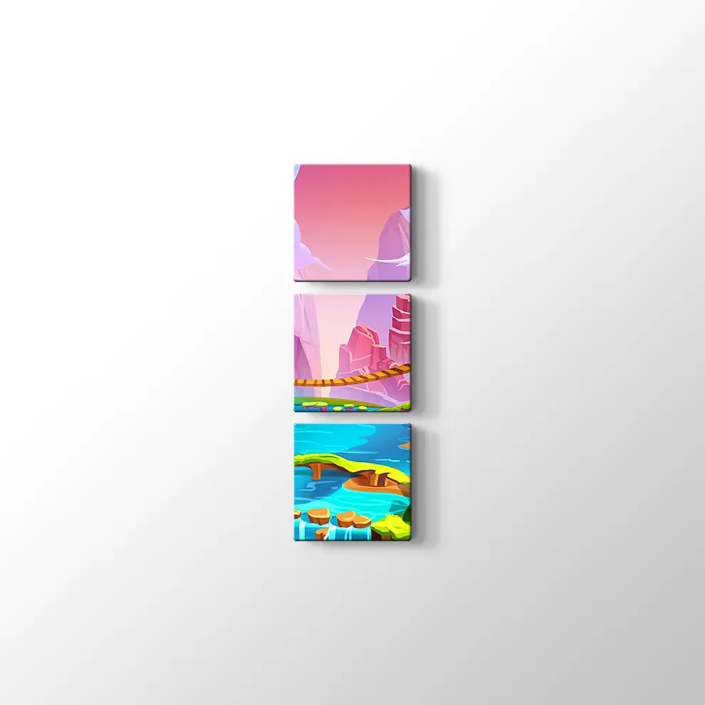 Çizgi Film Stili Neşeli Köy Kanvas Tablo