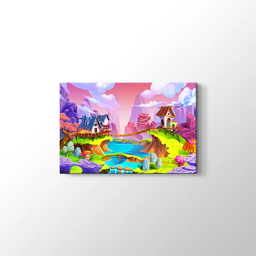 Çizgi Film Stili Neşeli Köy Kanvas Tablo