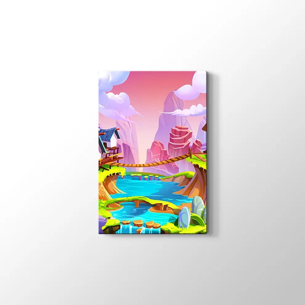 Çizgi Film Stili Neşeli Köy Kanvas Tablo