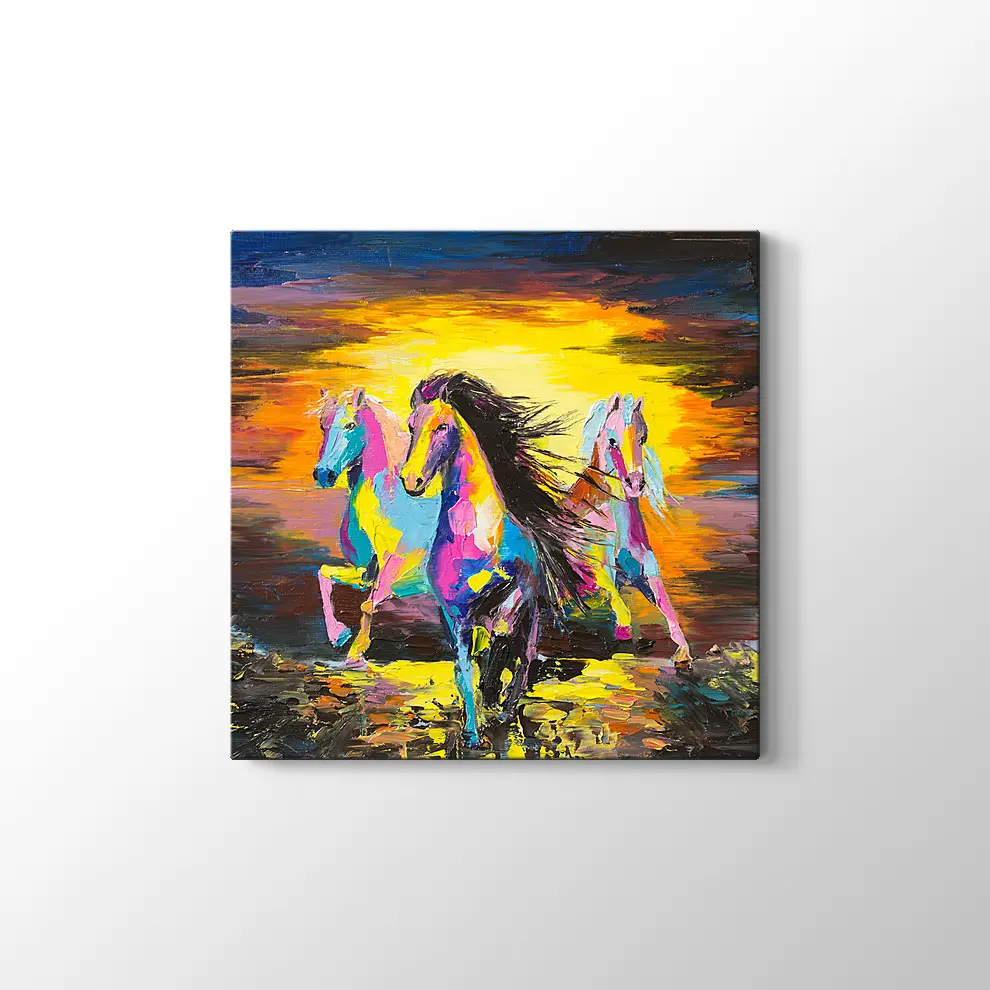 Yağlıboya Görünümlü Kum Üzerinde Atlar Kanvas Tablo