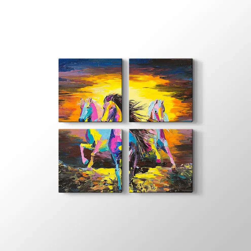 Yağlıboya Görünümlü Kum Üzerinde Atlar Kanvas Tablo