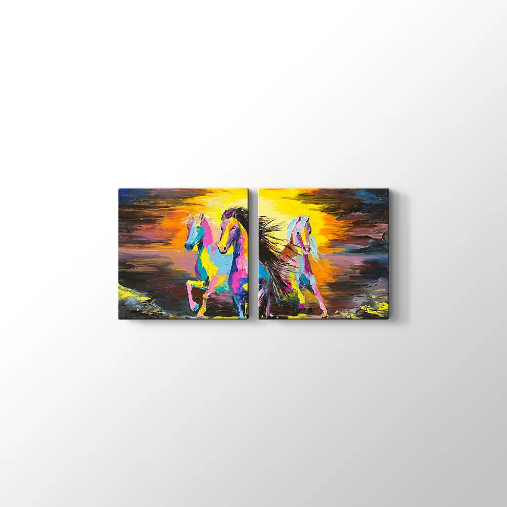 Yağlıboya Görünümlü Kum Üzerinde Atlar Kanvas Tablo