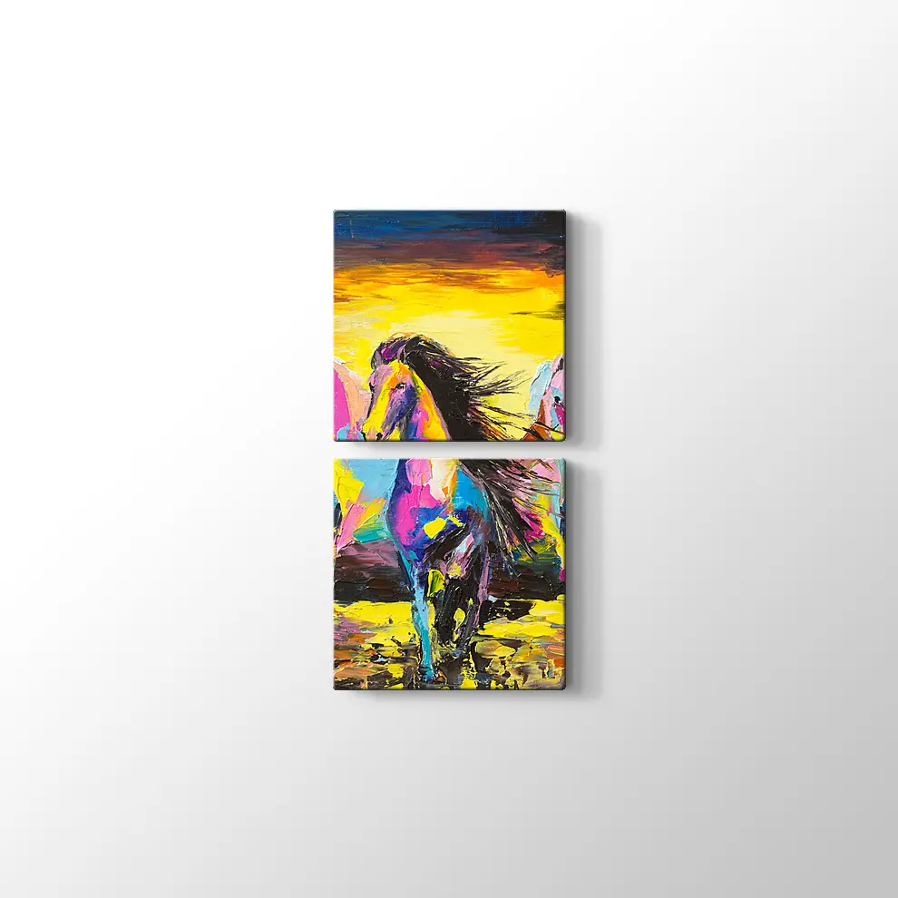 Yağlıboya Görünümlü Kum Üzerinde Atlar Kanvas Tablo