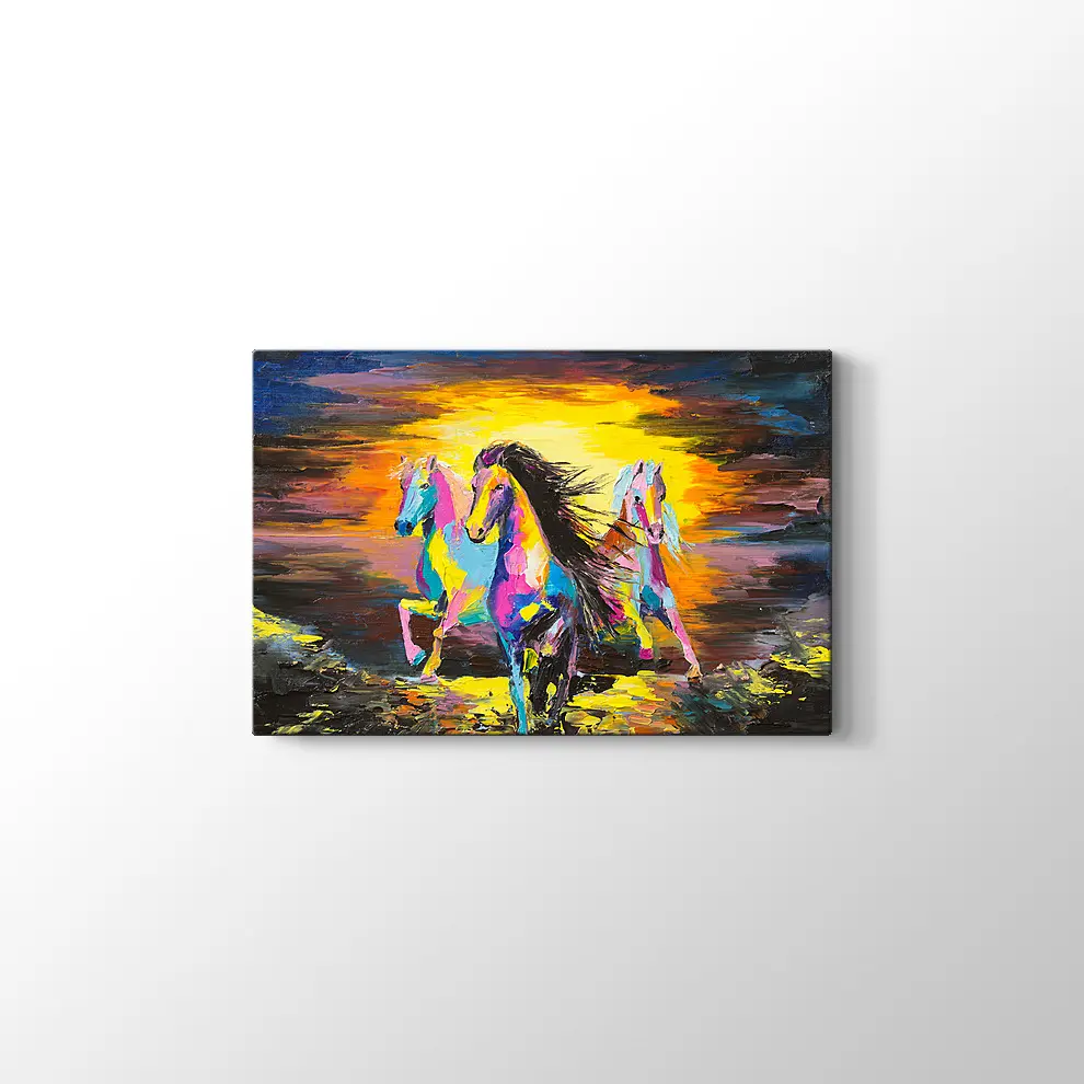 Yağlıboya Görünümlü Kum Üzerinde Atlar Kanvas Tablo