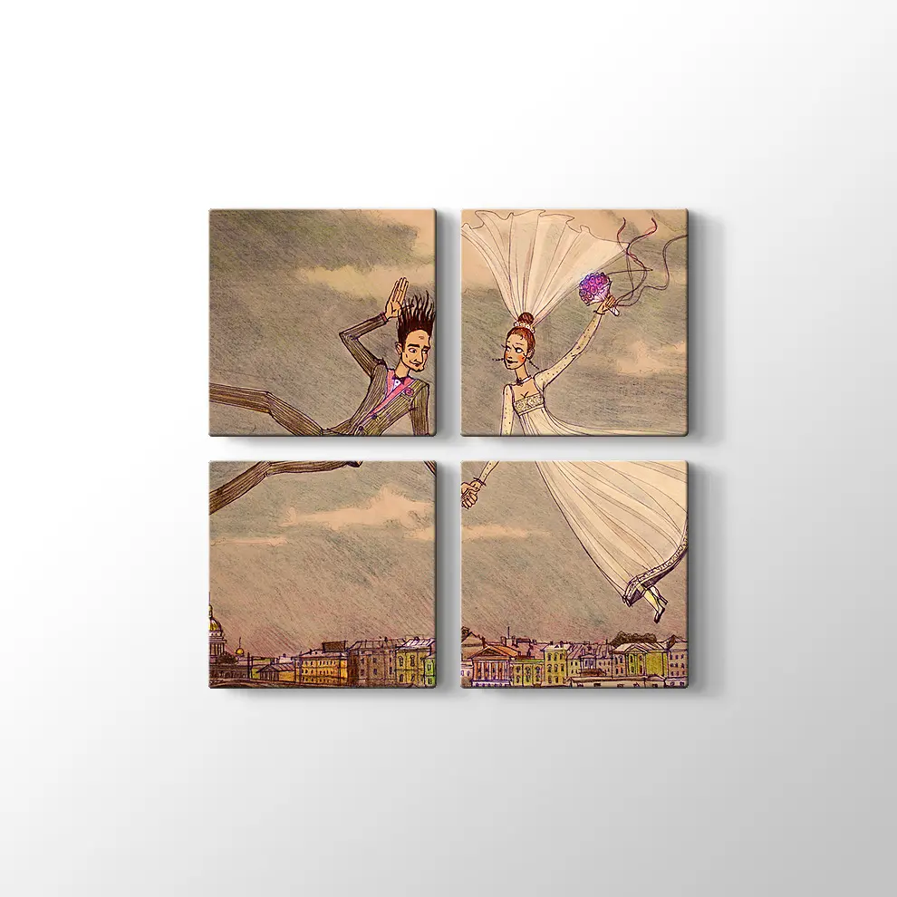 Dekoratif Bulutların Üzerindeki Çift Kanvas Tablo