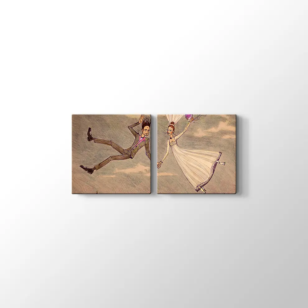 Dekoratif Bulutların Üzerindeki Çift Kanvas Tablo