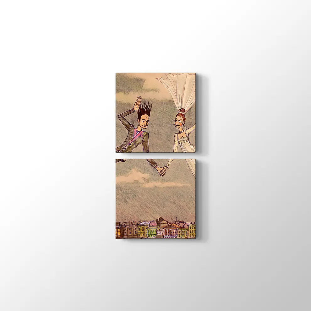 Dekoratif Bulutların Üzerindeki Çift Kanvas Tablo