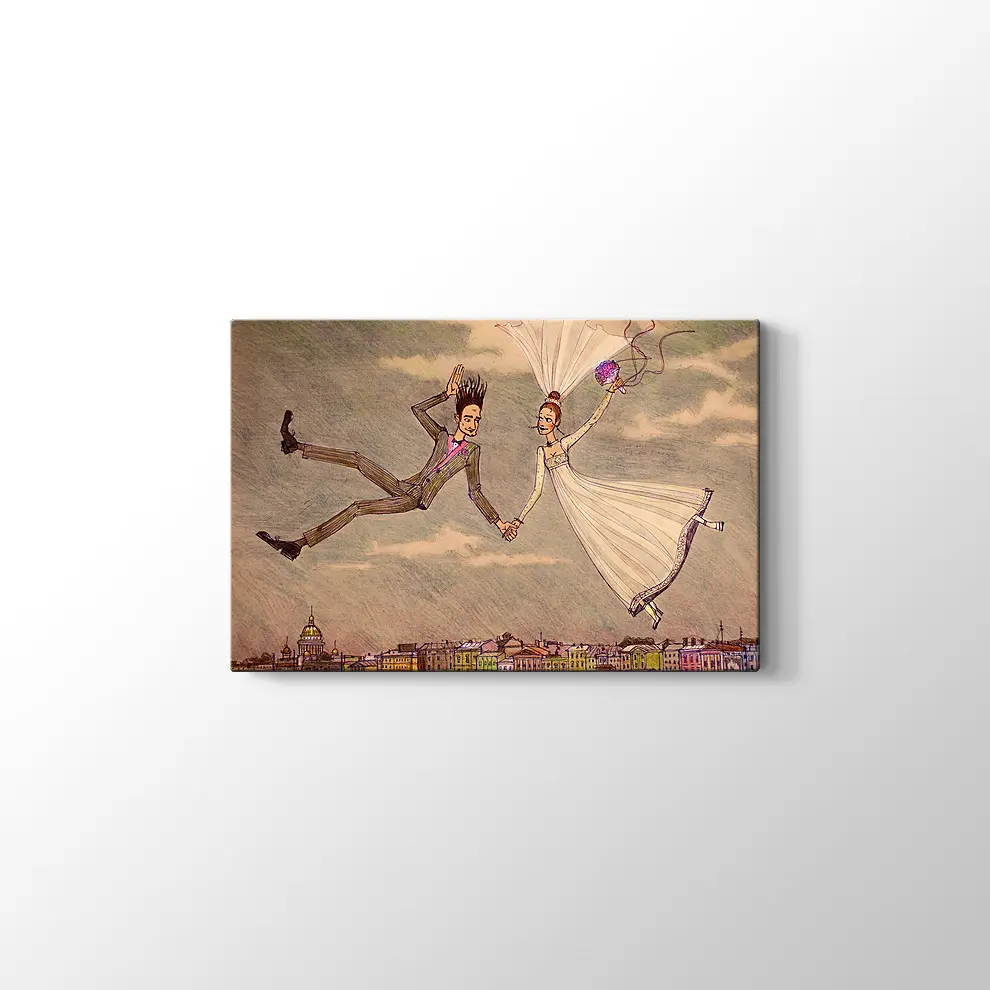 Dekoratif Bulutların Üzerindeki Çift Kanvas Tablo