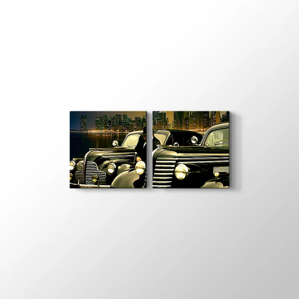 1938 Buick Roadmaster Convertible ve 1942 Chevrolet Coupe Kanvas Tablo