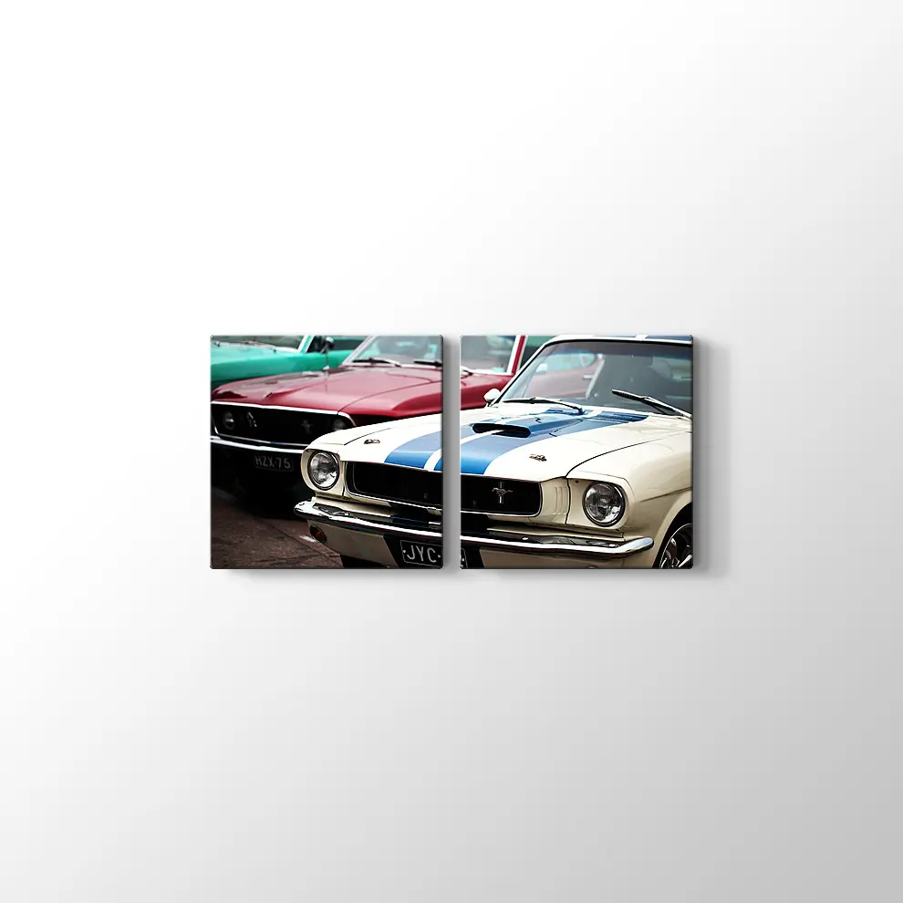 1966 Ford Mustang Fastback GT ve 1969 Ford Mustang Mach Kanvas Tablo