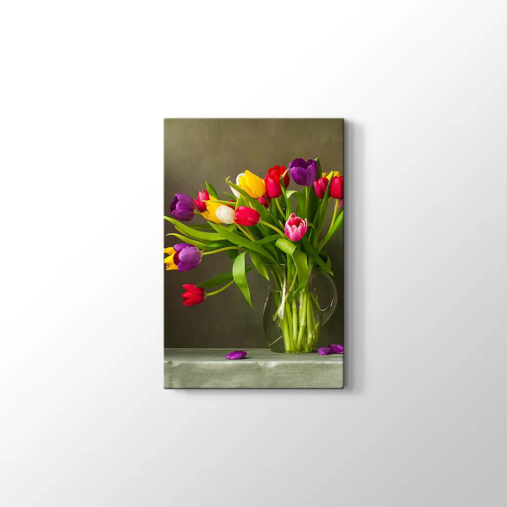 Renkli Lale Vazosu Kanvas Tablo