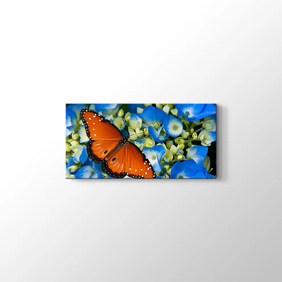 Mavi Çiçekte Kelebek Kanvas Tablo