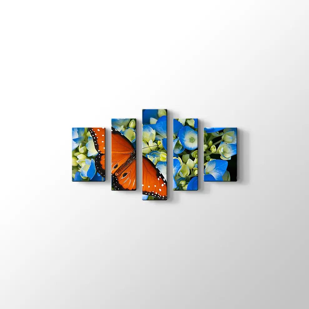 Mavi Çiçekte Kelebek Kanvas Tablo