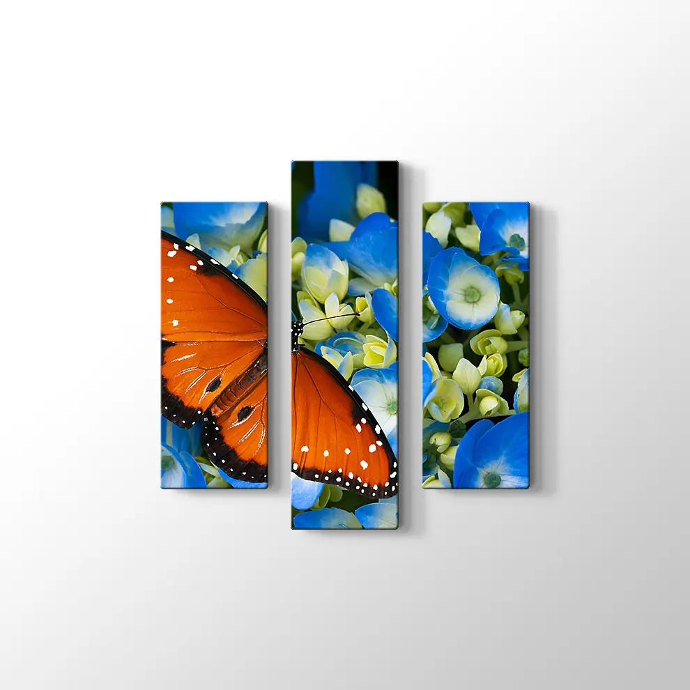 Mavi Çiçekte Kelebek Kanvas Tablo