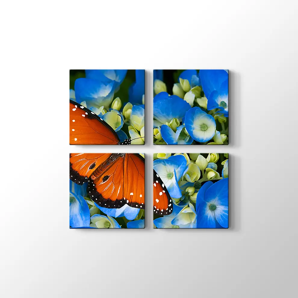 Mavi Çiçekte Kelebek Kanvas Tablo