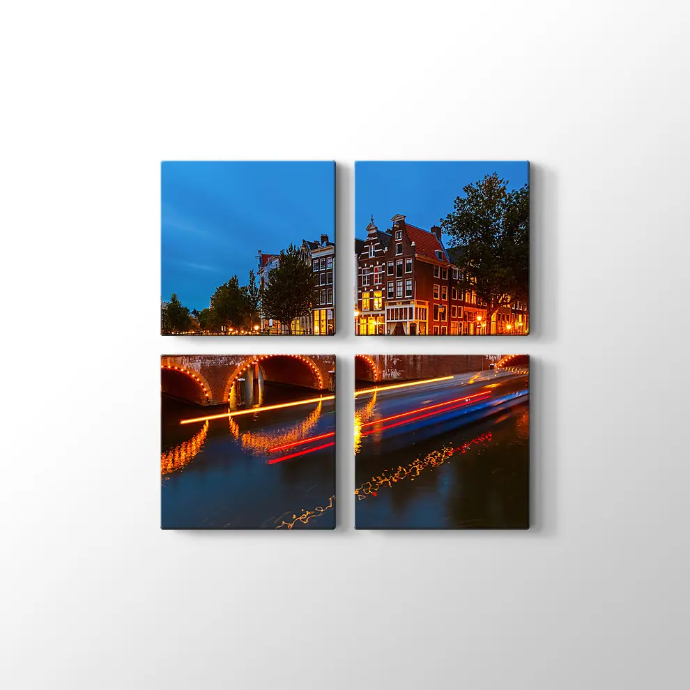 Geceleri Amsterdamda Kanallar Kanvas Tablo
